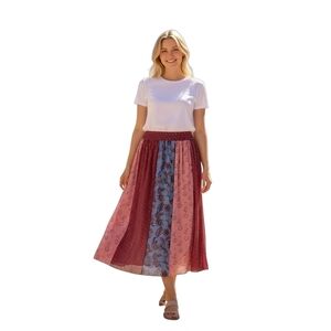 Womens Patchwork Midi Skirt Floral Plus Size 1X Boho Orange Coral Sheer Lined